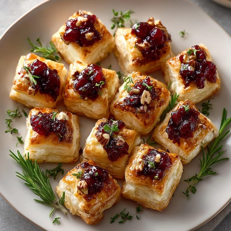 Enjoy homemade Cranberry Brie Puff Pastry Bites: golden, bite-sized delights baked until puffed and delicious.