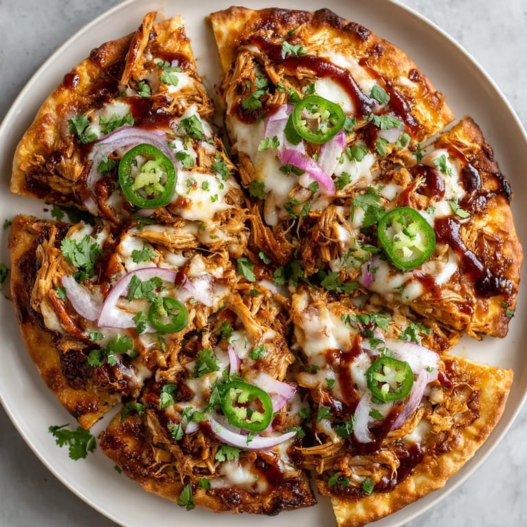 Savory BBQ chicken pizza flatbread topped with fresh cilantro and red onions, ready to enjoy.