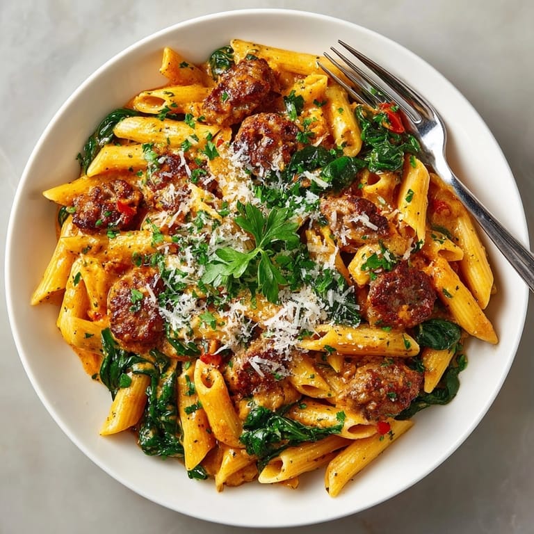 Imagine the savory aroma of this Italian Sausage Pasta, served hot with parmesan and basil after cooking.