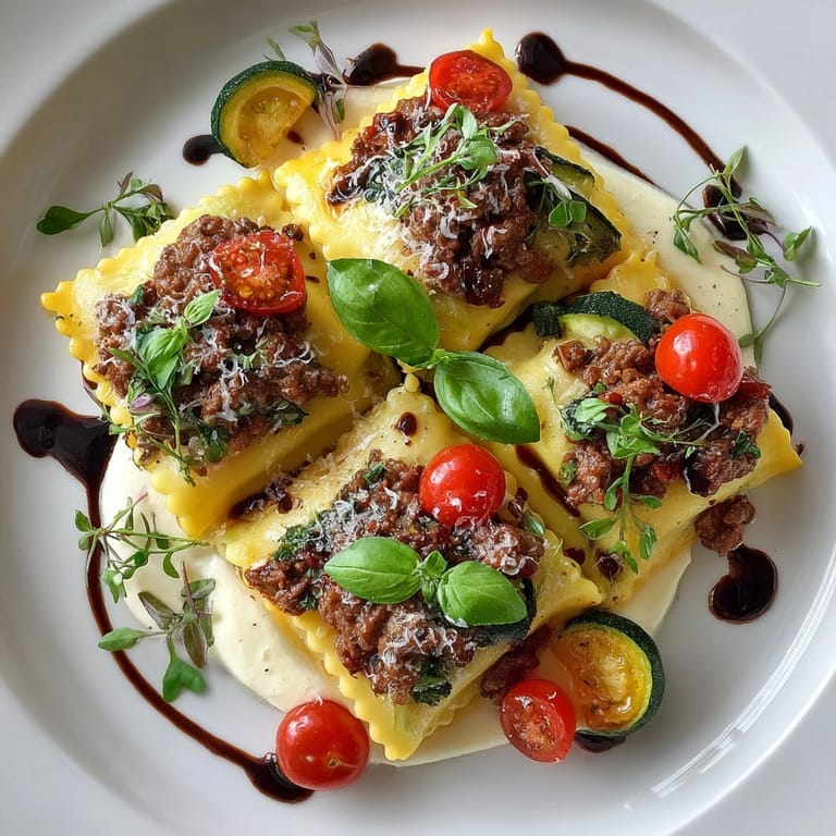 A close-up of Deconstructed Lasagna with artistic plating: pasta, ragù, and béchamel drizzled with glaze.