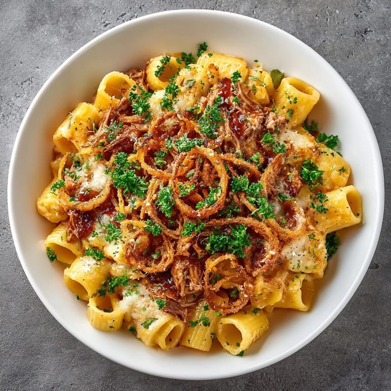 A delicious bowl of BBQ Pulled Pork Pasta is served with the perfect amount of crispy onion strings.
