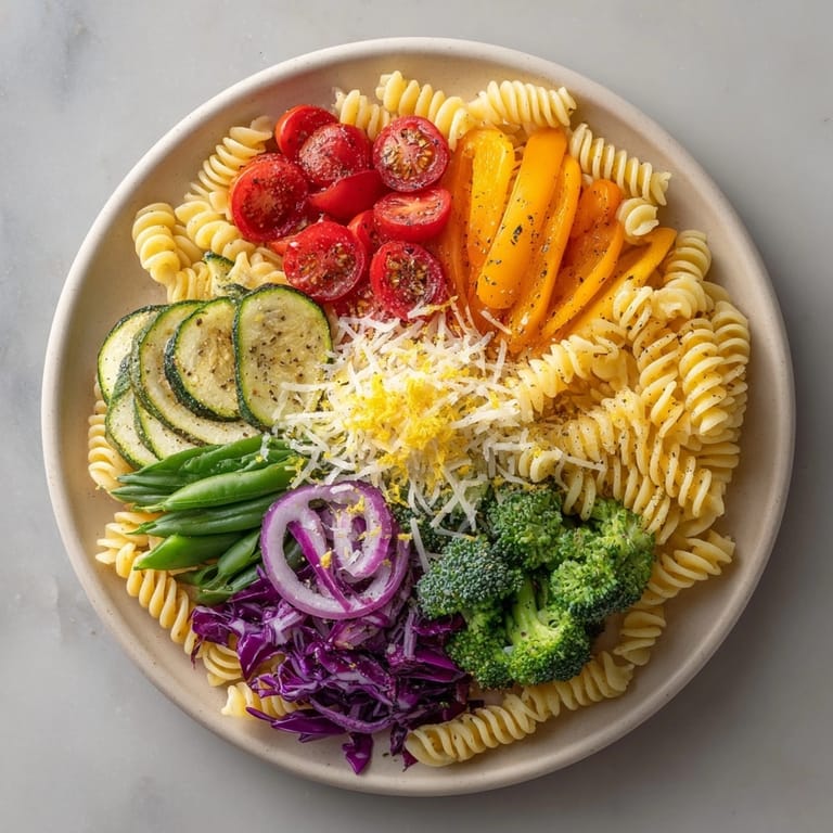 A top-down shot of Rainbow Veggie Pasta highlighting the beautiful color spectrum of the dish.