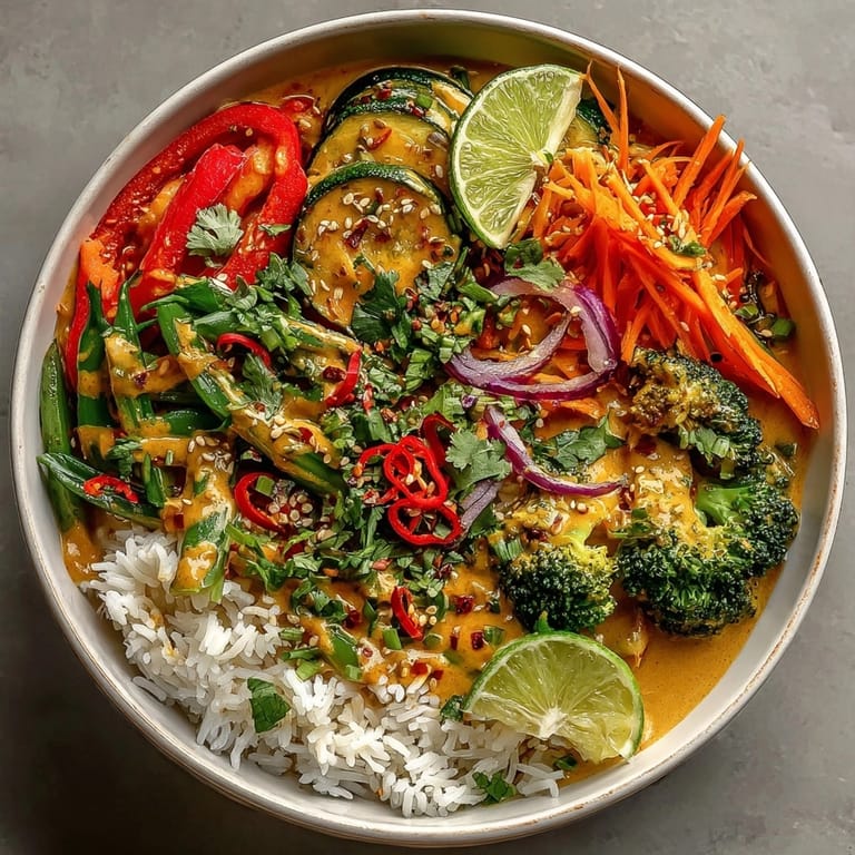 Close-up of Thai Curry Vegetable Bowl, aromatic coconut curry sauce topping tender sautéed vegetables