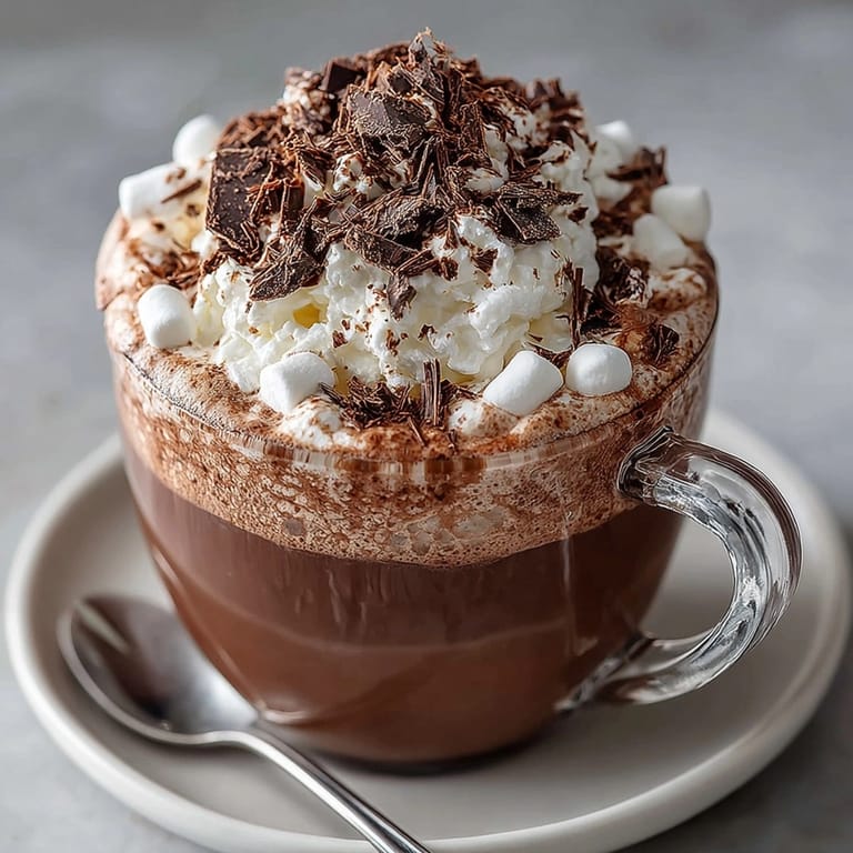 Rich and frothy whipped hot chocolate recipe served in a mug with shaved chocolate garnish