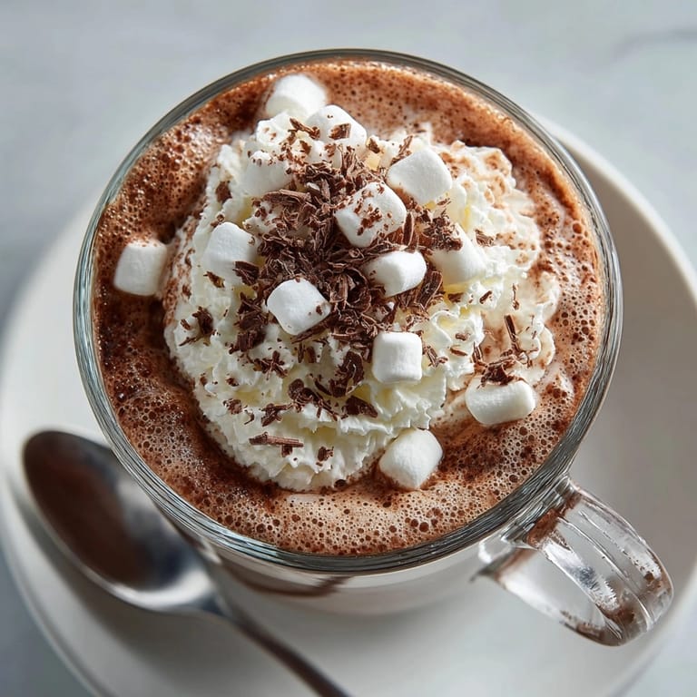 Velvety whipped hot chocolate with thick foam, perfect for cozy winter evenings at home