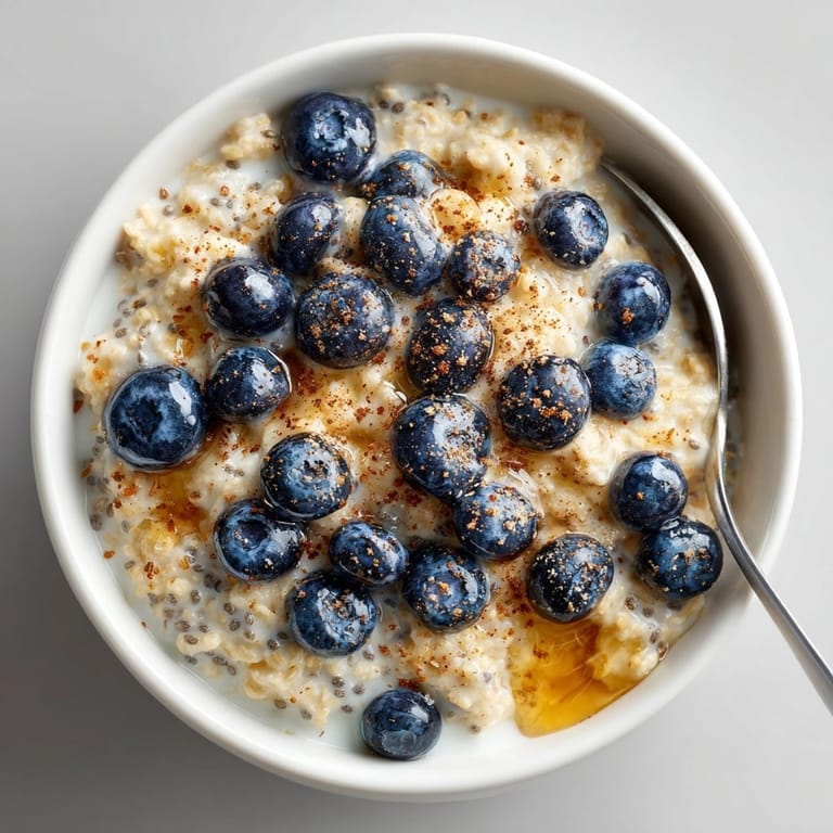 Blueberry chia overnight oats with visible chia seeds and juicy blueberries, ready to enjoy.