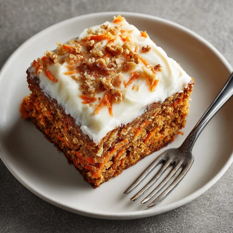 Freshly baked flourless oatmeal carrot cake cooling, golden edges and shredded carrot visible.