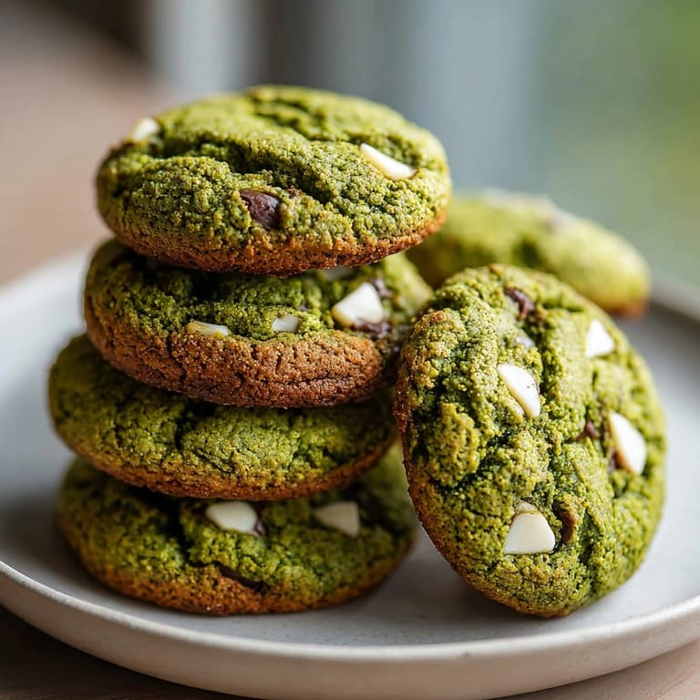 Close-up of soft Matcha Chocolate Chip Cookies featuring vibrant green hue and melted chocolate chips