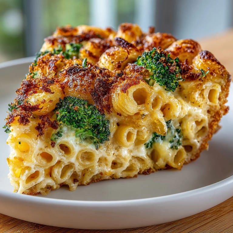 Savory Mac and Cheese Broccoli Frittata, showing off the broccoli amidst cheesy cooked macaroni.