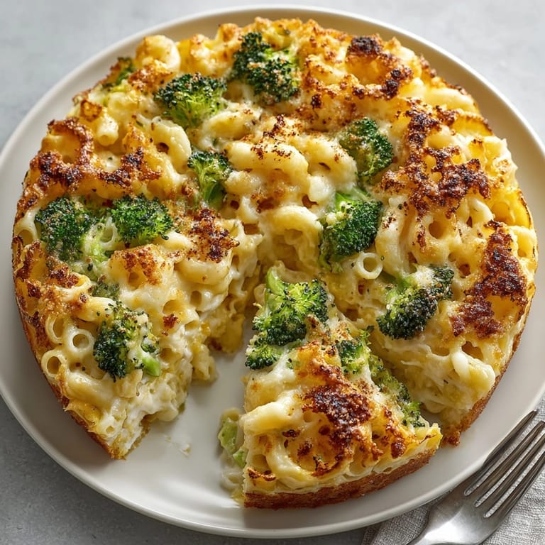 Baked Mac and Cheese Broccoli Frittata slice, showcasing creamy layers, ready to serve warm.