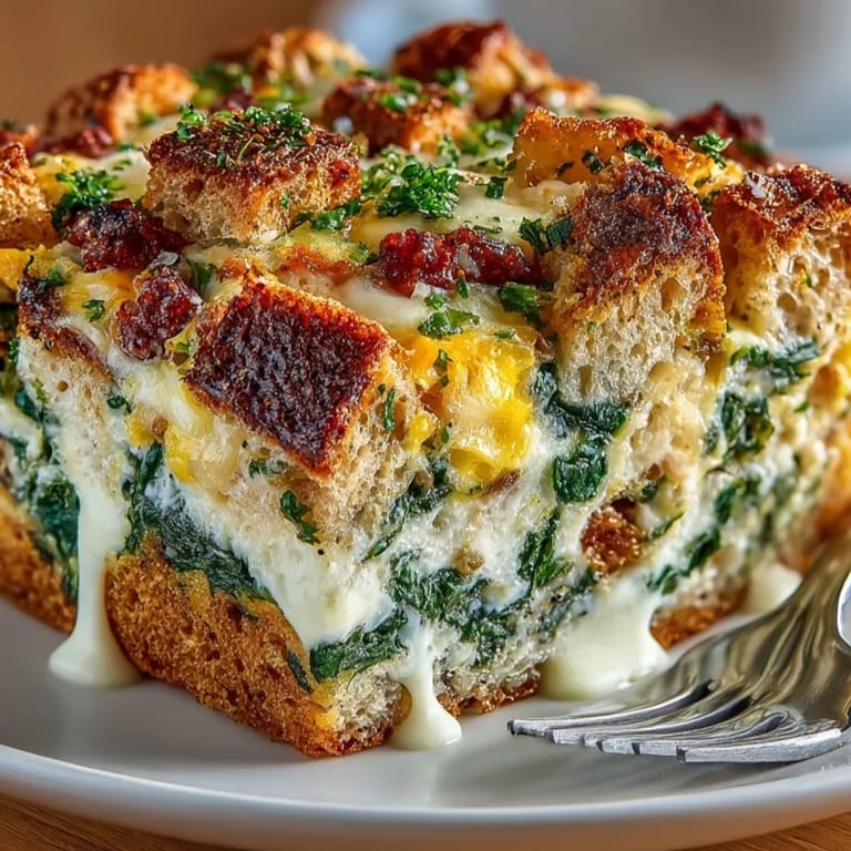 A baked Alfredo Spinach Breakfast Casserole with crusty bread, cheese, and creamy sauce.