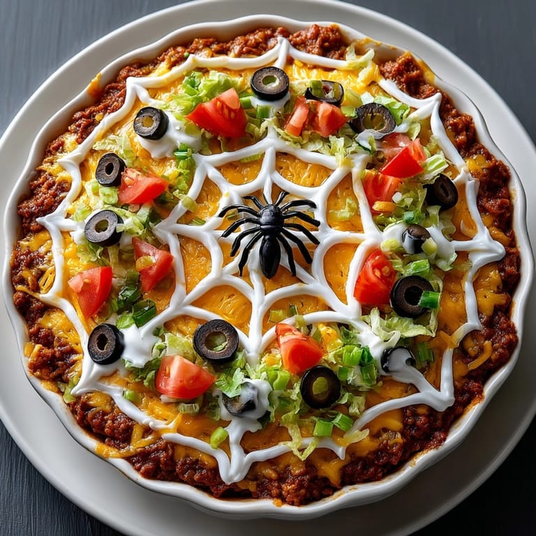 Tex-Mex Spiderweb 7-Layer Taco Dip features refried beans, salsa, and decorative spiderweb.