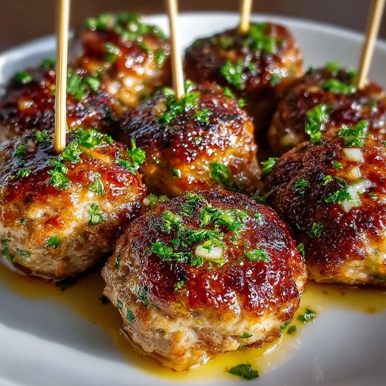 Party-ready Honey Garlic Cocktail Meatballs, baked, sauced, and garnished with fresh parsley.