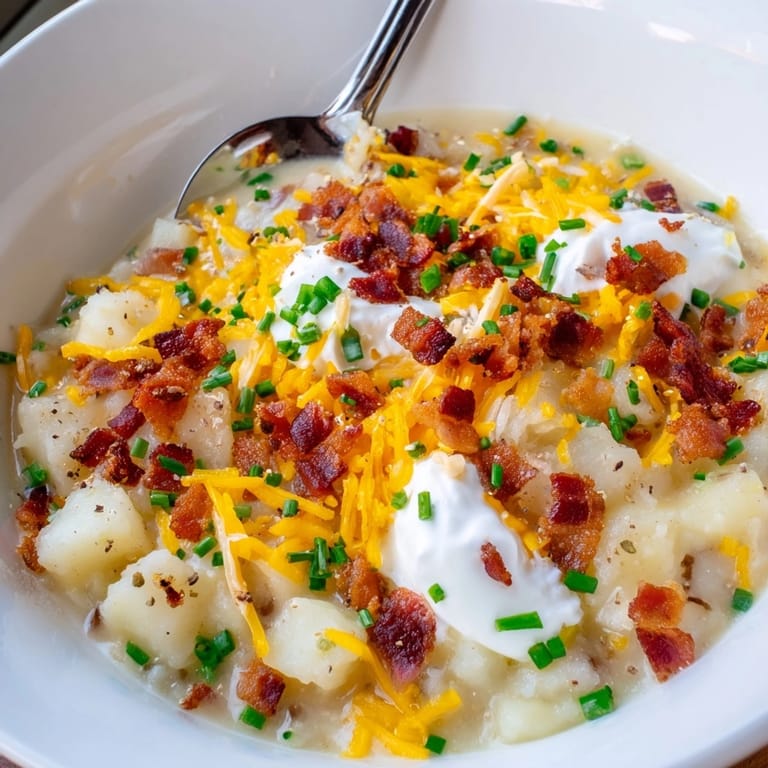 Homemade Loaded Baked Potato Soup with cheddar, chives, bacon for cozy weeknights.