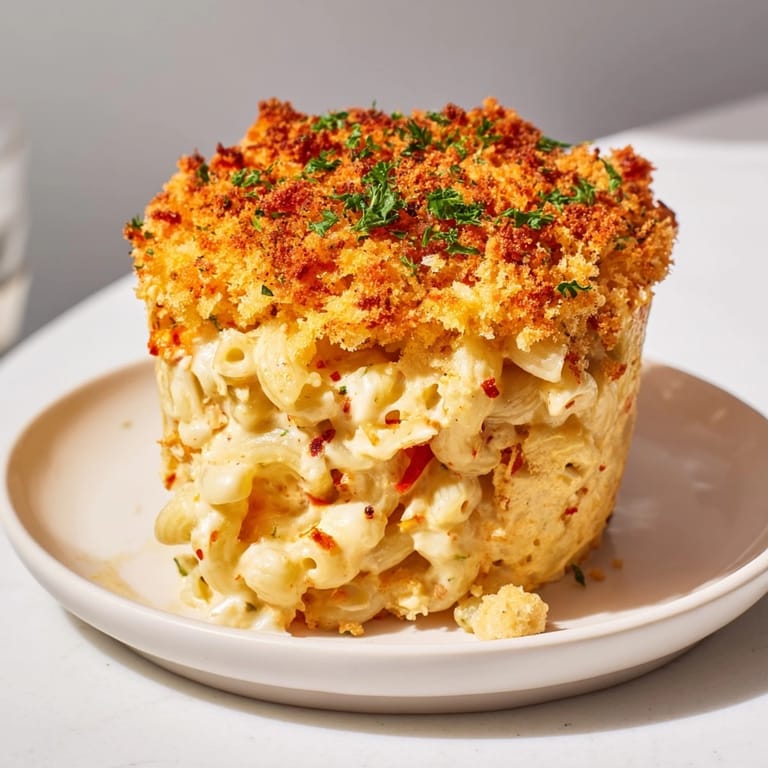 Miniature Alfredo Roasted Red Pepper Mac Cups arranged on a platter, garnished with fresh parsley.