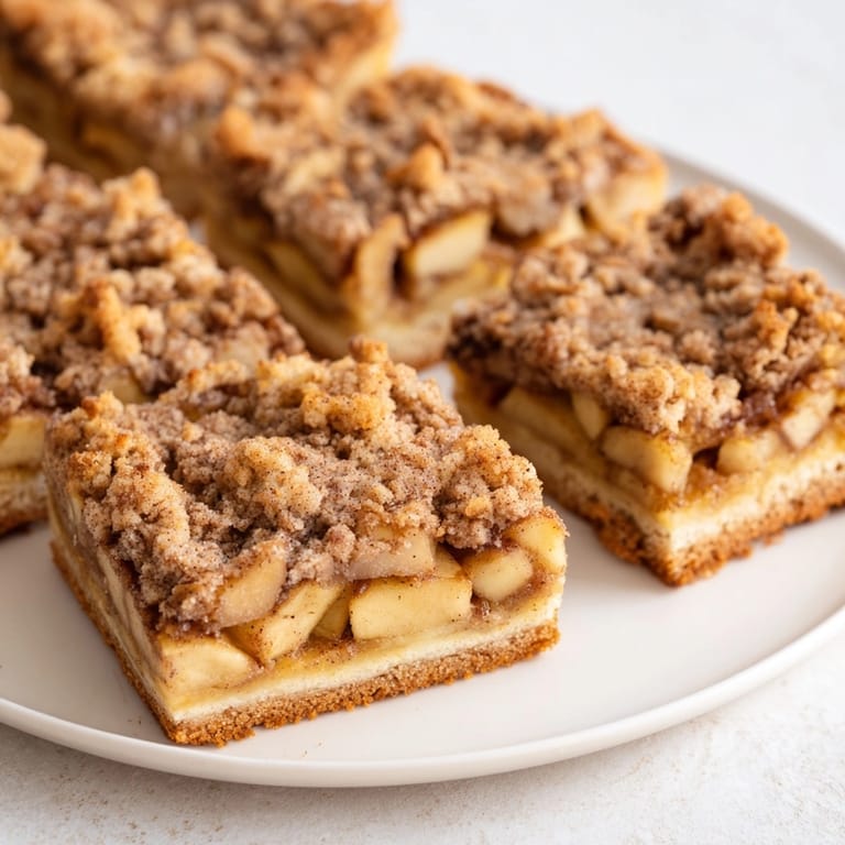 Stacked Ricotta Cinnamon Apple Pie Bars showing layers of crust, filling, and topping.