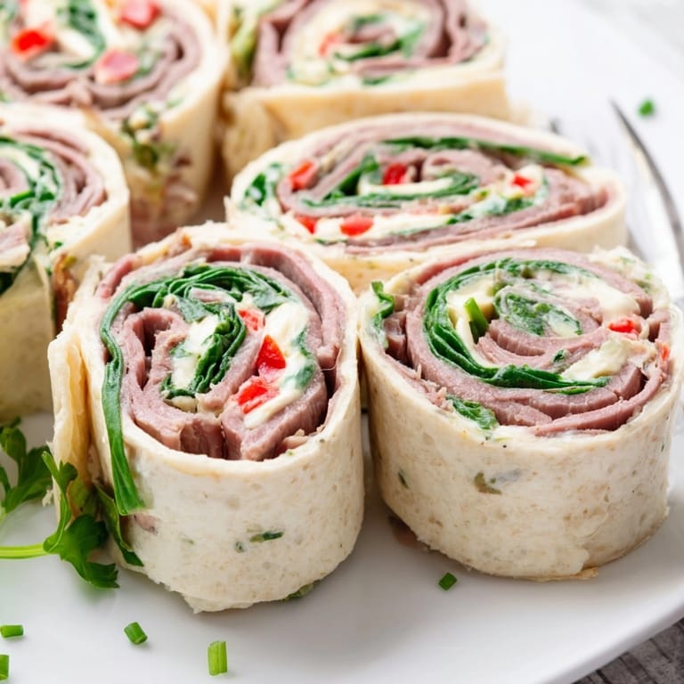 Rolled Cajun Roast Beef Pinwheel Rolls, chilled and sliced, perfect for easy serving.