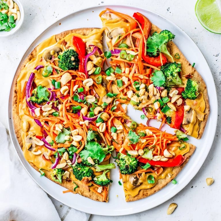 Homemade Thai Curry Veggie Pita Pizzas ready to serve, a colorful healthy weeknight dinner option.