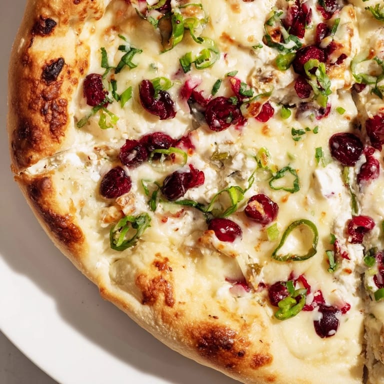 Delicious cranberry jalapeño dip pizza with a crispy crust and vibrant colors.  