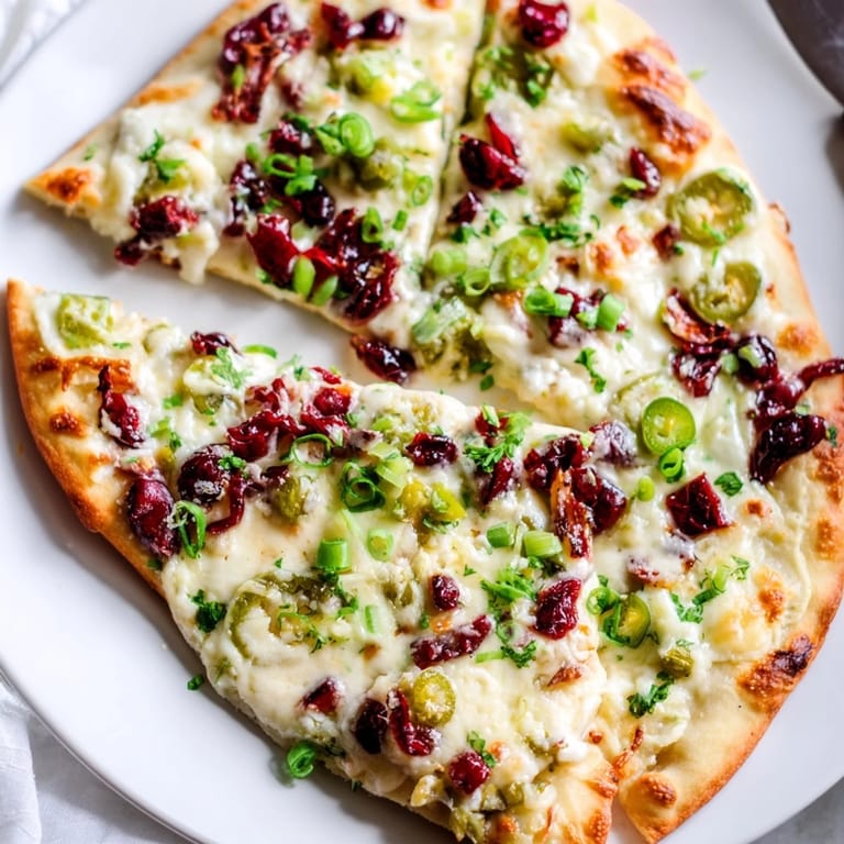 Sweet and spicy cranberry jalapeño dip pizza served warm, perfect for sharing.