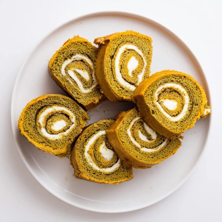 Autumn-inspired matcha pumpkin muffin roulades, elegantly rolled and bursting with fantastic flavors.