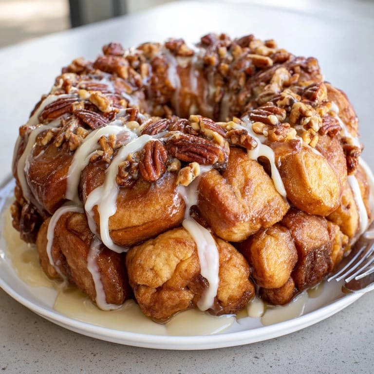 Warm, pull-apart Special Chaos Cake Monkey Loaf topped with sweet cinnamon and buttery glaze.