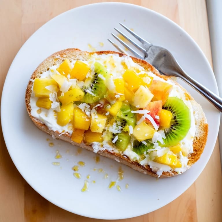 Golden-baked Yogurt-Custard Toast 2.0 with coconut yogurt and fresh pineapple garnish.