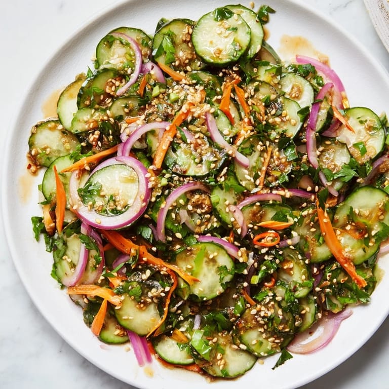 Zesty cucumber salad remix featuring fresh herbs and a hint of chili flavor.