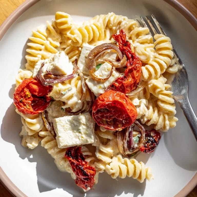 Delicious Baked Feta Pasta 2.0 served with fresh basil and olive oil drizzle.  