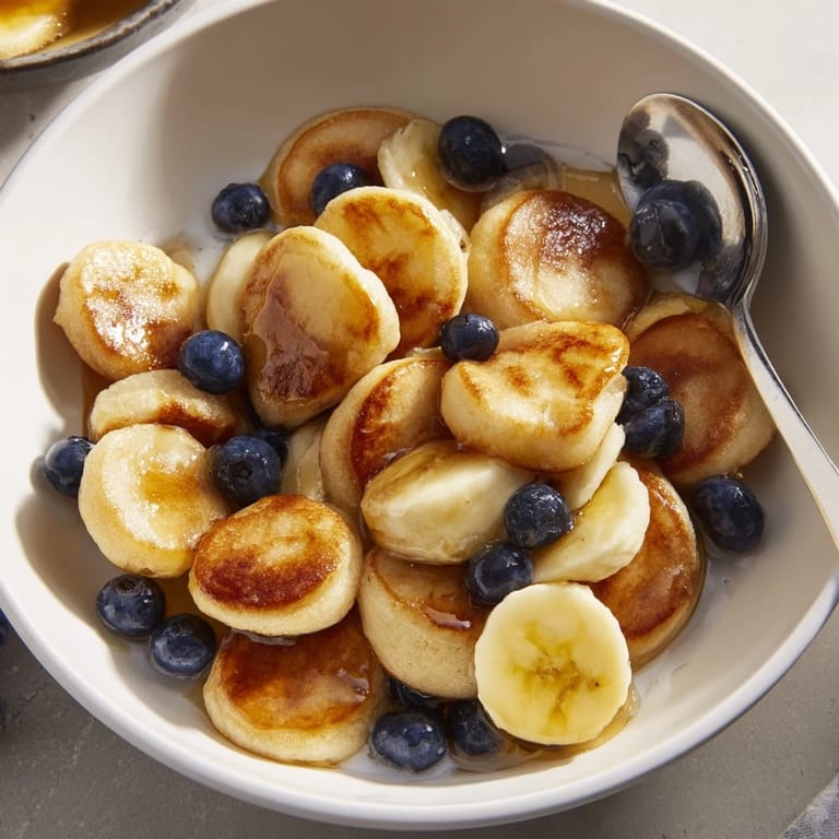 Adorable mini pancake cereal dots, golden brown and perfect for a sweet breakfast treat.