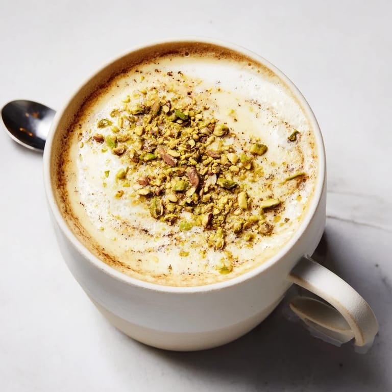 A frothy homemade pistachio milk latte, perfect for your morning coffee ritual.  