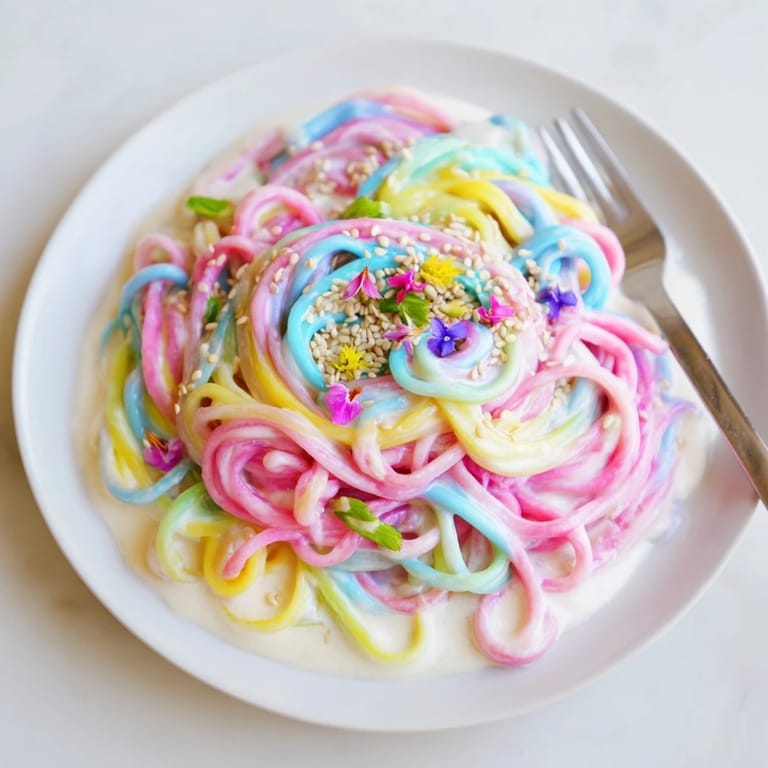 Whimsical Neon Noodle Cloud featuring soft noodles in a dreamy, colorful sauce.  