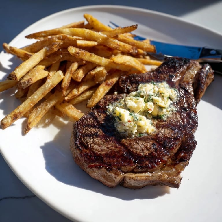 A close-up view showcasing juicy Steakhouse Garlic Butter Steak & Fries with fresh herbs and golden fries on a plate.