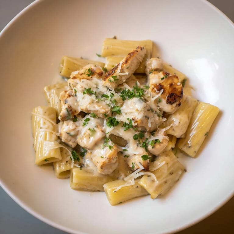 Garnished with parsley, this Creamy Garlic Parmesan Chicken Rigatoni boasts a savory, cheesy sauce.