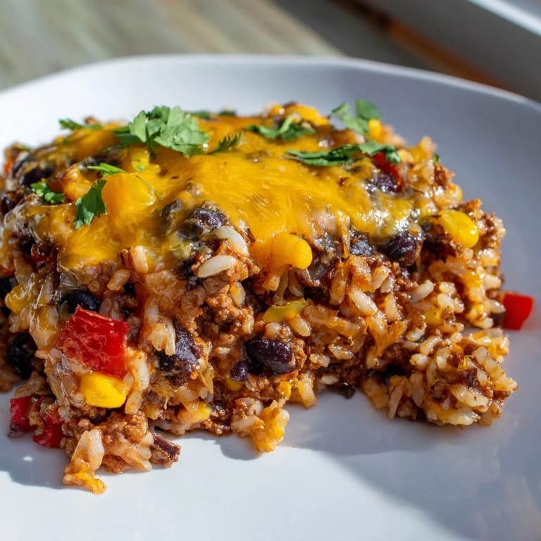 A close-up of a bubbling Tex-Mex Beef & Rice Casserole, garnished with fresh cilantro and jalapeños.