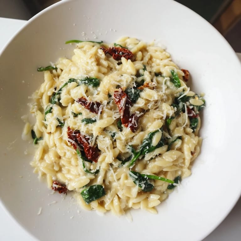 A close-up of a Creamy Tuscan Orzo Bowl, garnished with fresh Parmesan, ready to be enjoyed.