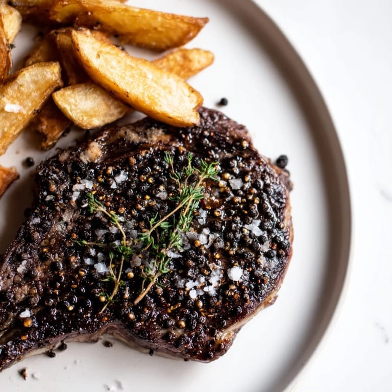A close-up of a perfectly cooked Classic Peppercorn Ribeye alongside a generous portion of fries.