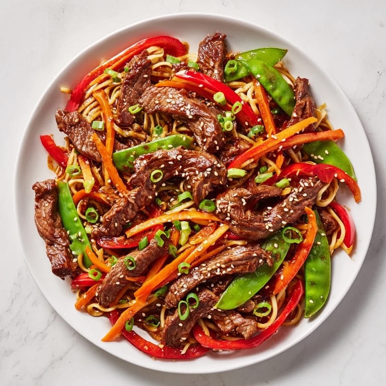 Imagine the savory aroma of a steaming Teriyaki Beef & Noodle Bowl with sesame seed garnish.