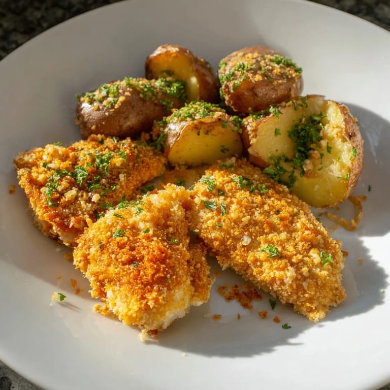 A beautifully plated dish of crispy Parmesan crusted chicken & potatoes, perfect for a weeknight meal.