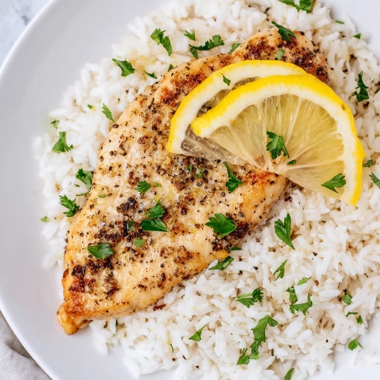 A delicious American meal: savory lemon pepper chicken and tender rice, garnished with lemon and parsley.