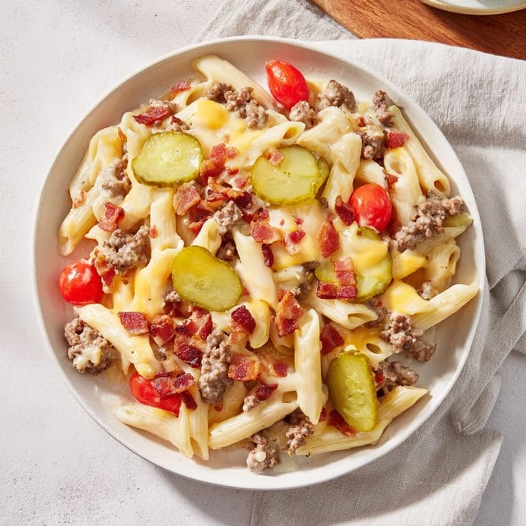The creamy, cheesy textures of this Bacon Cheeseburger Pasta Bake are perfectly described on a plate.