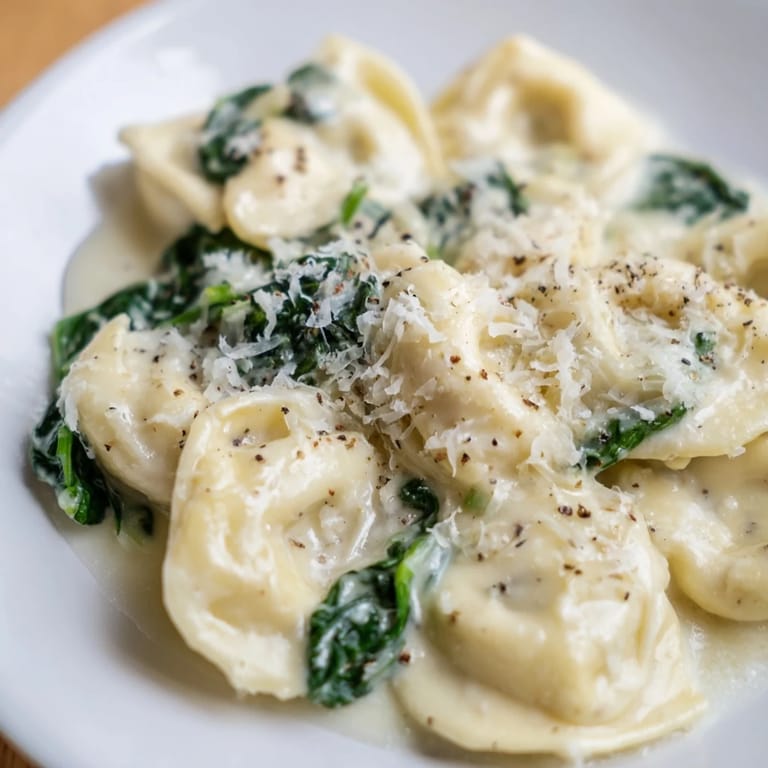 Savor the creamy sauce: Fresh spinach Alfredo tortellini, perfectly plated with Parmesan and pepper.