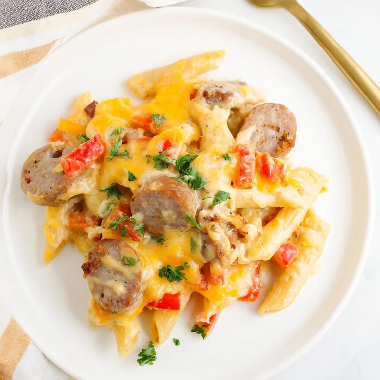 A close-up of a creamy Smoked Sausage & Cheddar Pasta Bake, with melted cheese topping the casserole.