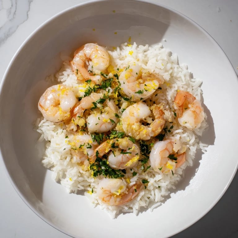 Golden-brown Garlic Butter Shrimp Rice Bowl, smelling of garlic with savory shrimp on a bed of rice, ready to eat.