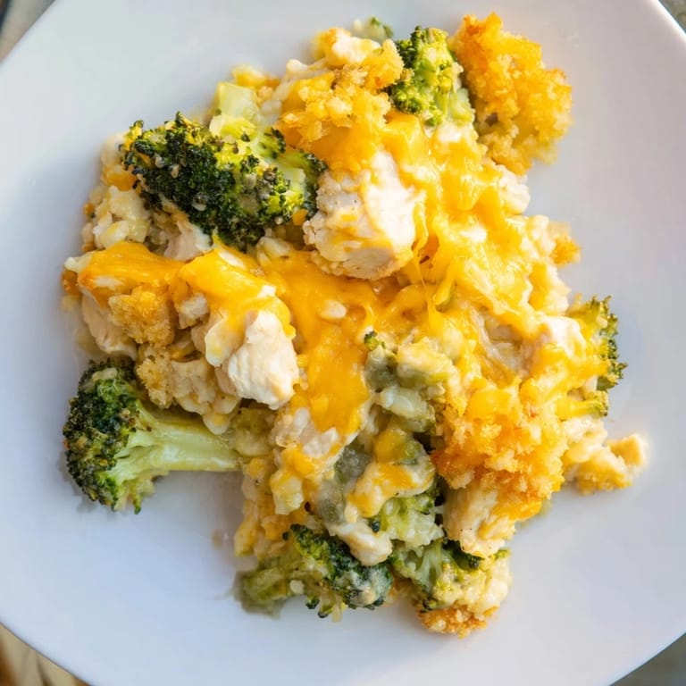 Close-up of the delicious Cheddar Broccoli Chicken Bake, perfect for a comforting weeknight family meal.