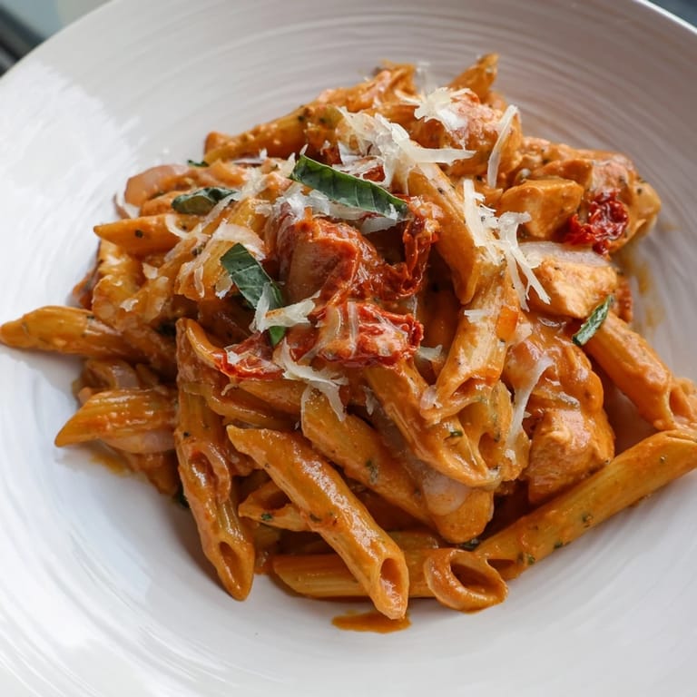 Imagine a comforting bowl of creamy tomato basil chicken pasta, garnished with fresh basil and Parmesan cheese.