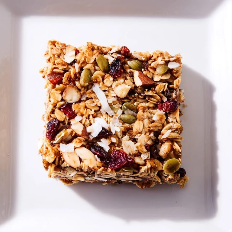 Enjoy the delicious crunch of these freshly baked Roasted Pumpkin Seed & Cranberry Granola Bars, featuring oats and fruit.