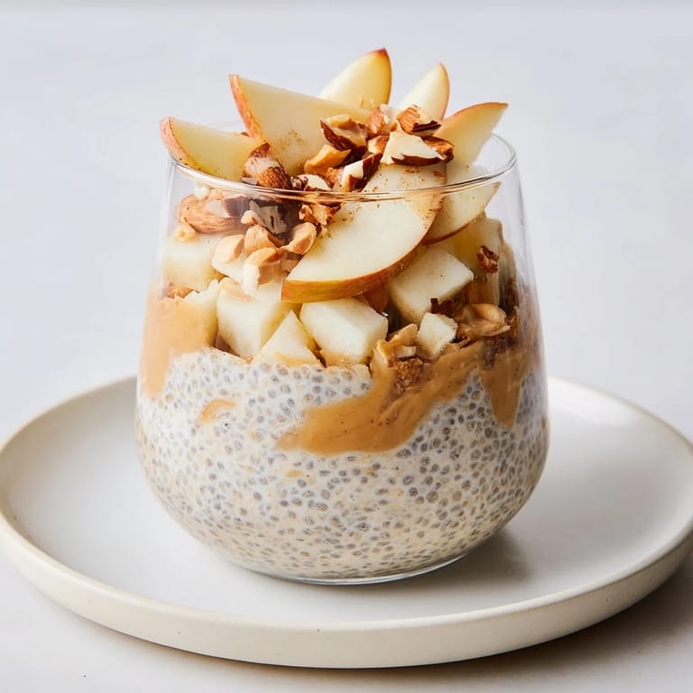Fresh apple pieces topping a bowl of Apple-Chia Pudding, drizzled with peanut butter and maple syrup.