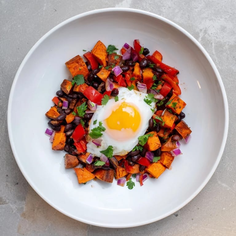 Enjoy a steaming skillet of flavorful Sweet Potato & Black Bean Breakfast Hash for a hearty, healthy meal.