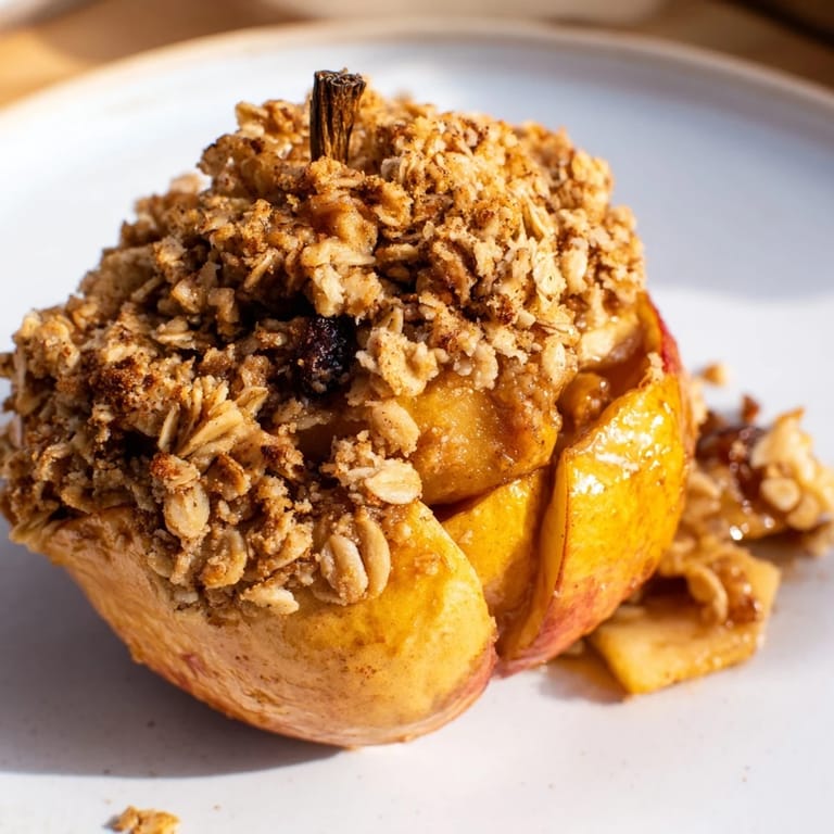 Sweet and cinnamony baked apples with oat-nut crumble, perfect with vanilla yogurt for autumn.